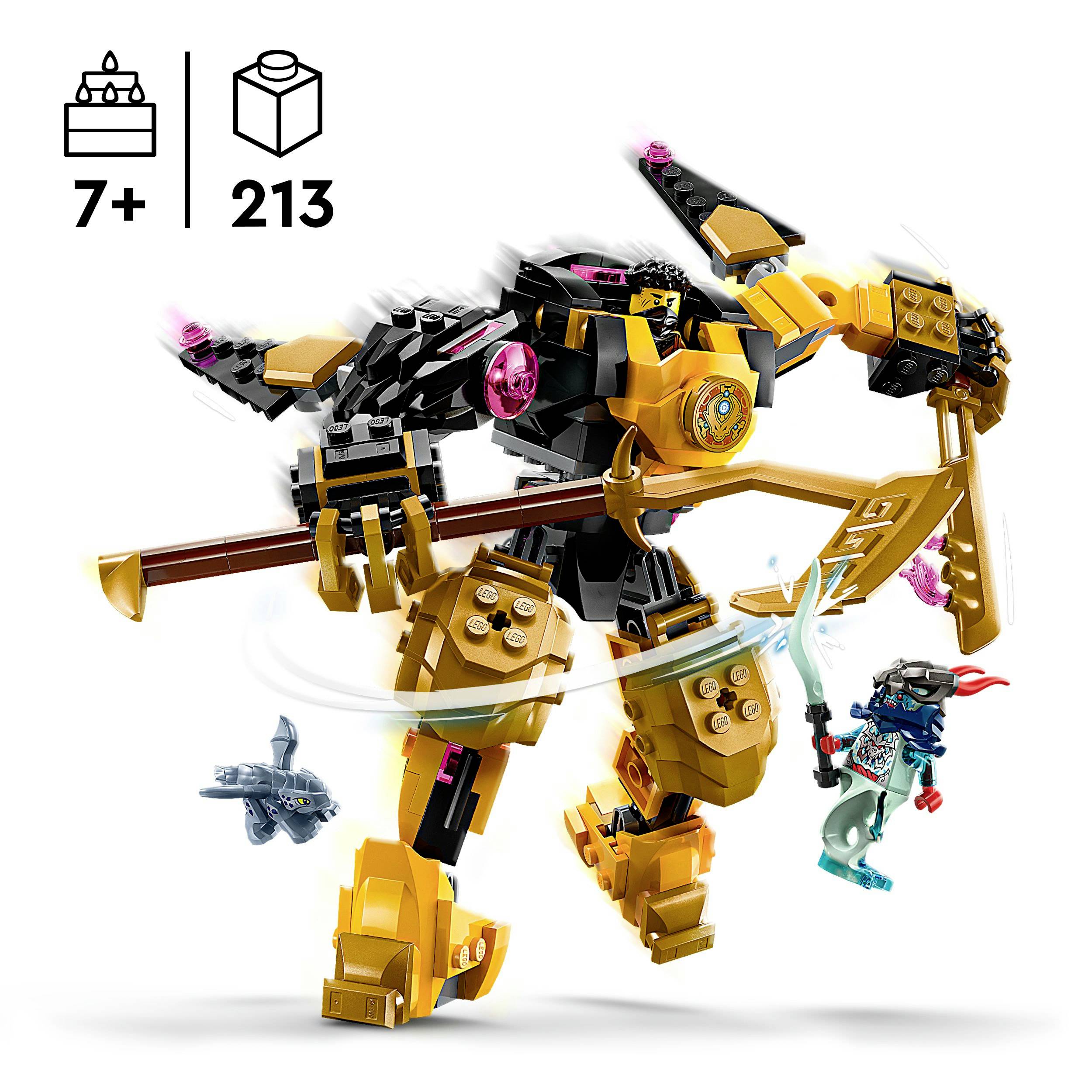Bouwset voor een LEGO-set vanaf 7 jaar met 213 onderdelen. Toont een gouden mech-figuur met wapen, geflankeerd door twee kleinere figuren.