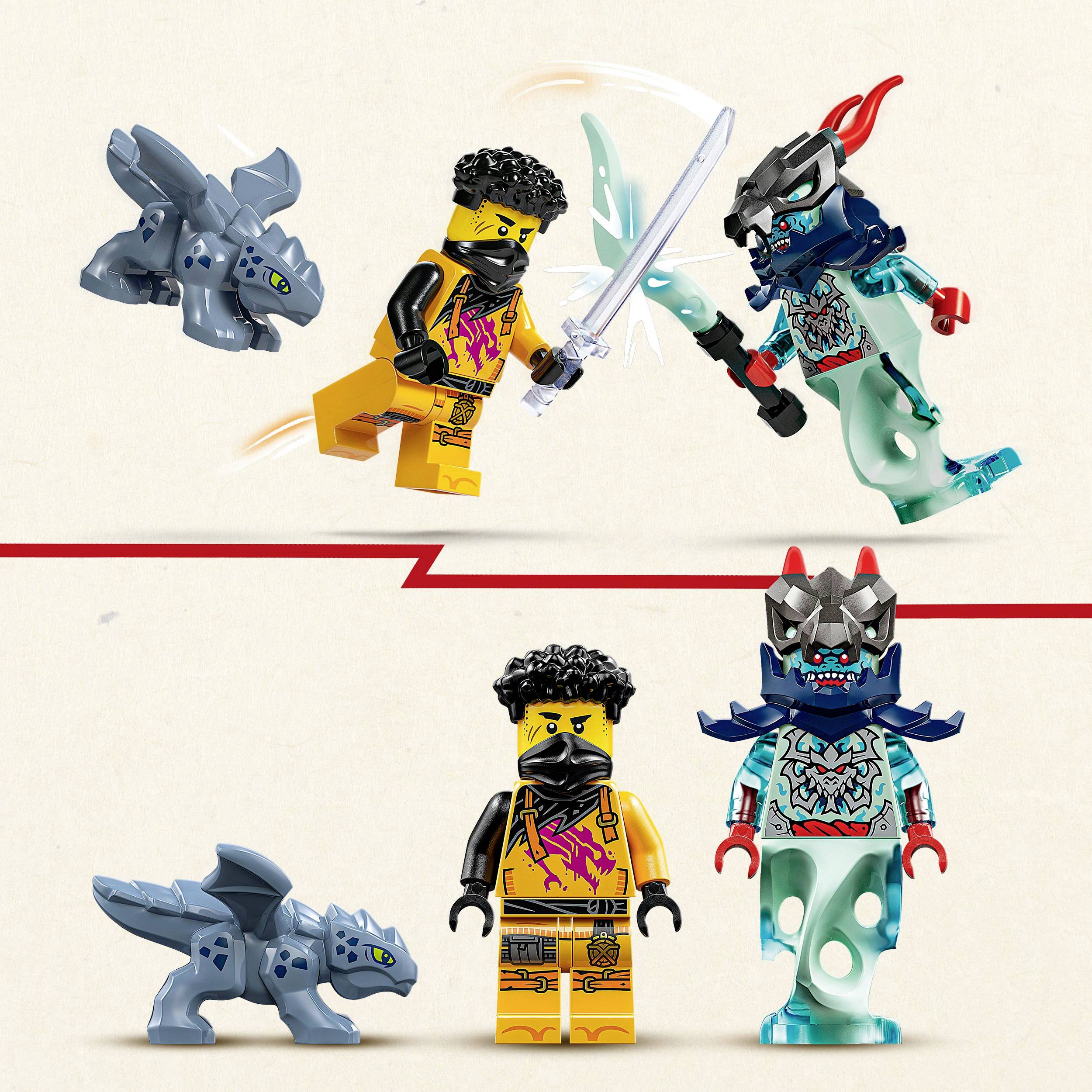 Een gele LEGO-ninja vecht met een zwaard tegen een blauwgroene monsterkrieger met helm. Een kleine grijsblauwe draak kijkt toe.