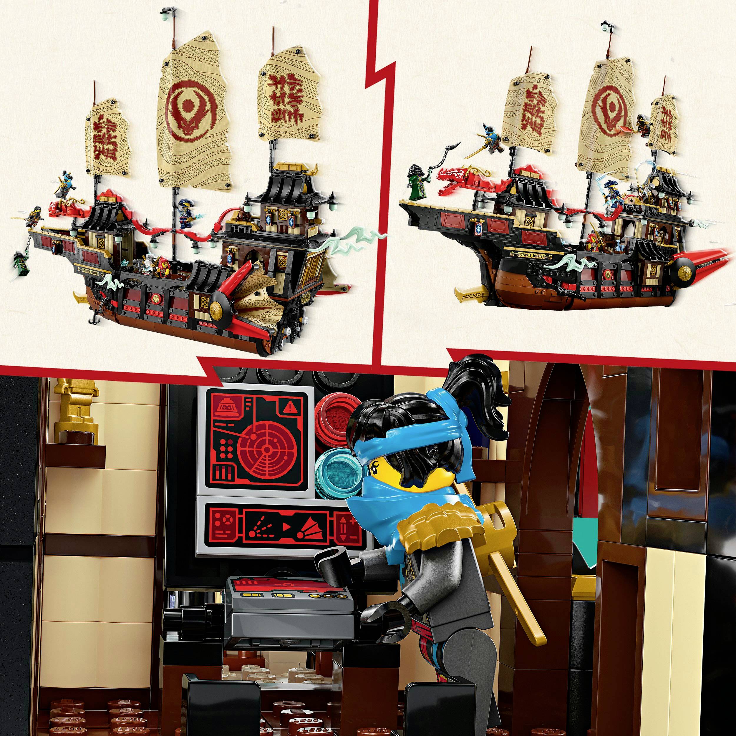 Een piratenschip van Lego met vlaggen en kanonnen wordt op twee afbeeldingen getoond. Onderaan staat een Lego-figuur voor een controlepaneel.