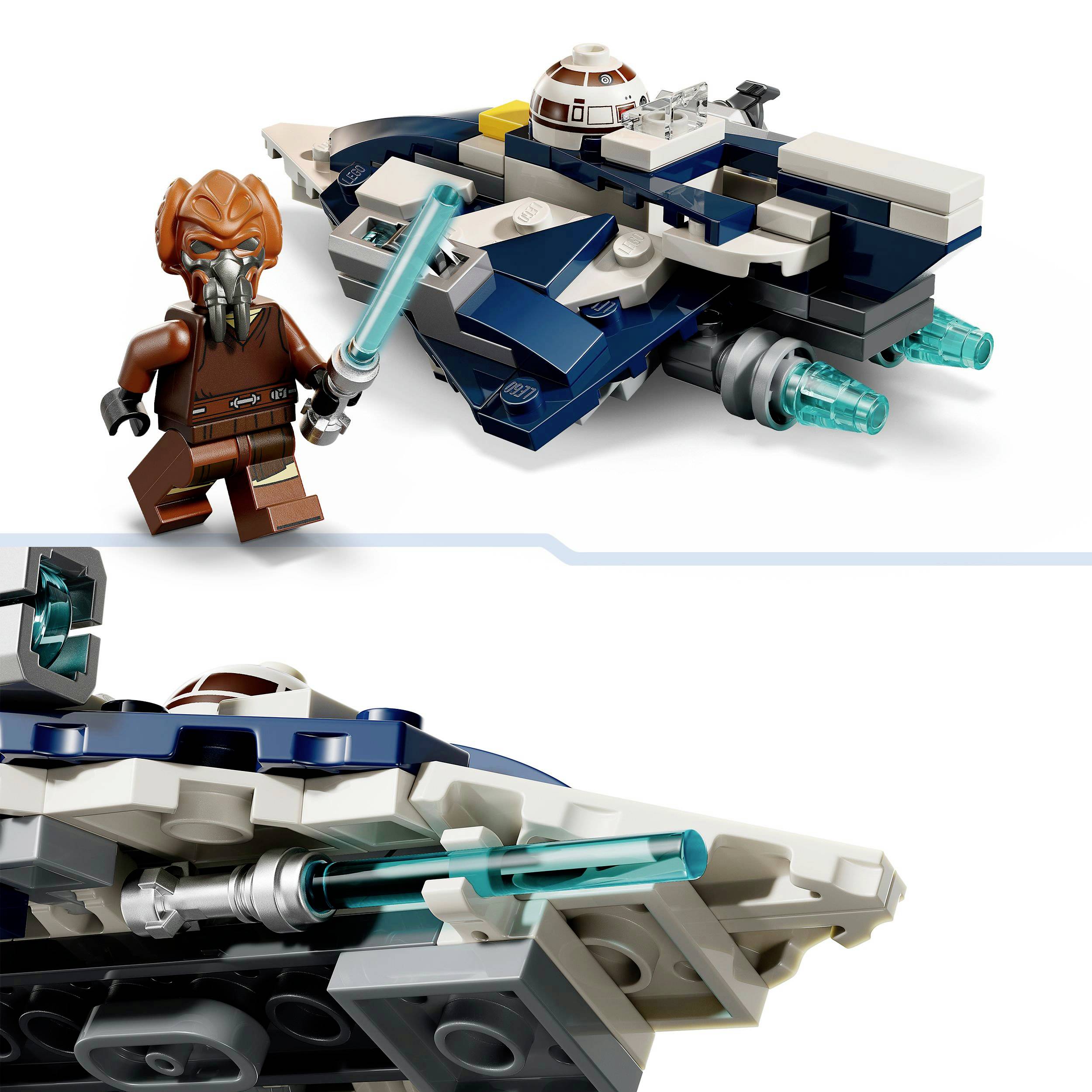 Een Lego-ruimteschip met blauwe en grijze elementen wordt vergezeld door een in het bruin geklede Lego-minifiguur met een blauw lichtzwaard.