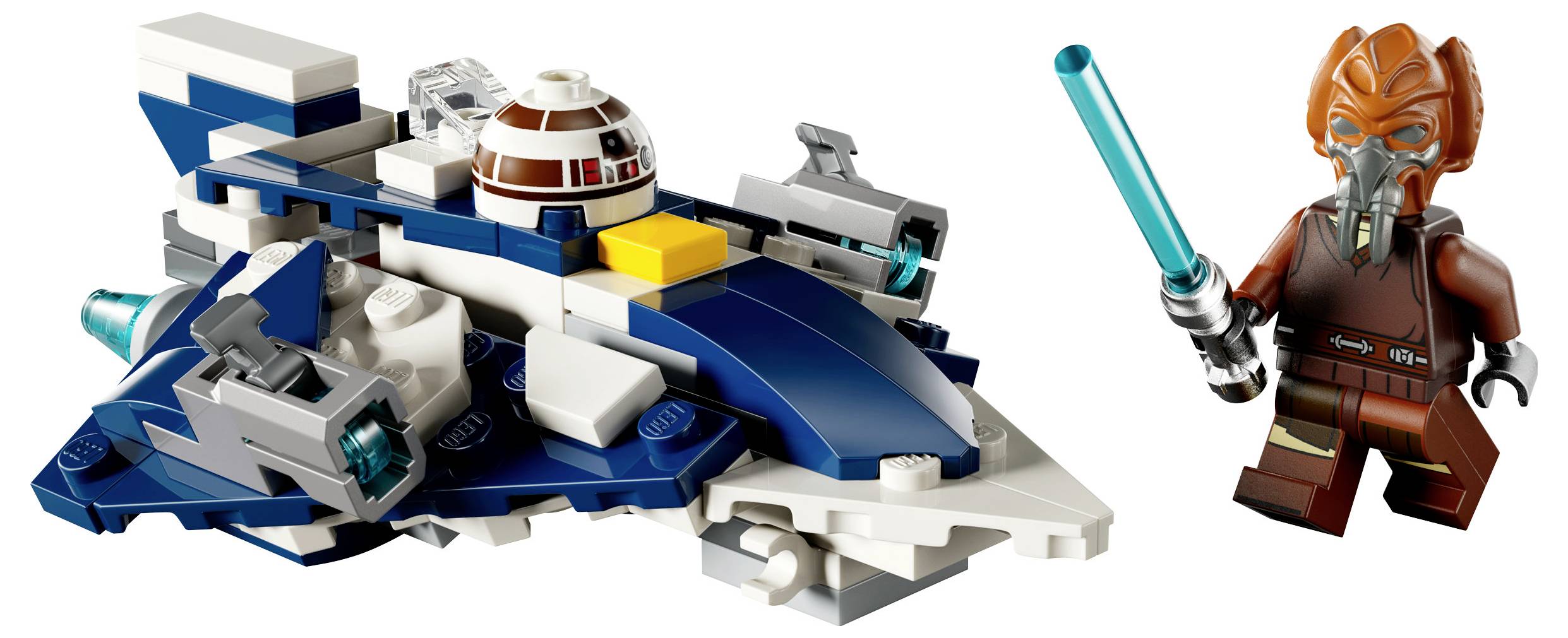 LEGO-Starfighter en minifiguur van een buitenaardse wezen met lichtzwaard uit 'Star Wars'.