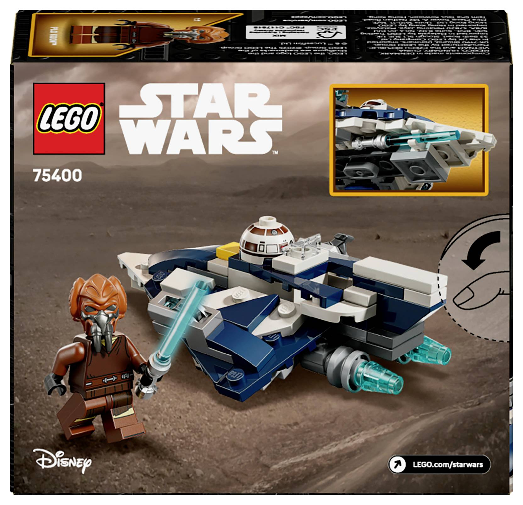 LEGO 'Star Wars' Set 75400: Bevat een ruimteschip en een figuur met lichtzwaard in woestijnlandschap.