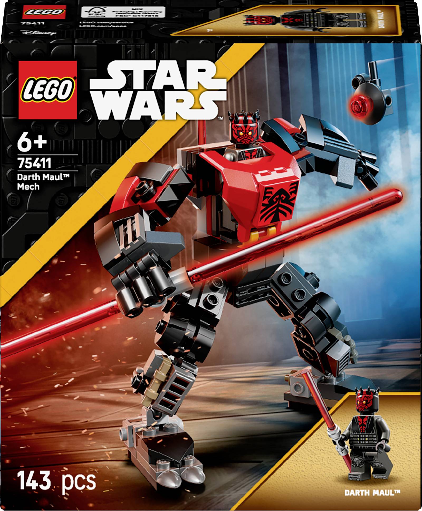 Lego-Set 'Star Wars Darth Maul Mech' met 143 onderdelen. Toont Darth Maul als robot met lichtzwaard. Geschikt vanaf 6 jaar.
