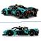 Een gemodelleerde auto van Lego die een sportwagen voorstelt. Hij is turkoois van kleur en toont veel details in het ontwerp.