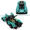 Lego-model van een turquoise sportwagen met opklapbare motorkap en zichtbare motoronderdelen, weergegeven vanuit twee perspectieven.