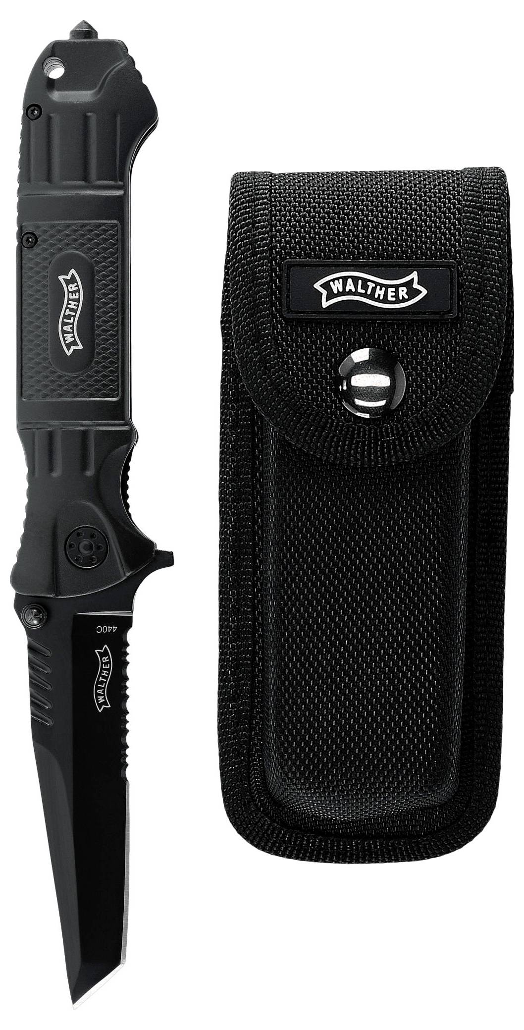 'Tactisch mes van Walther, zwart, met getande kling. Meegeleverd wordt een zwarte nylon hoes met logo.'