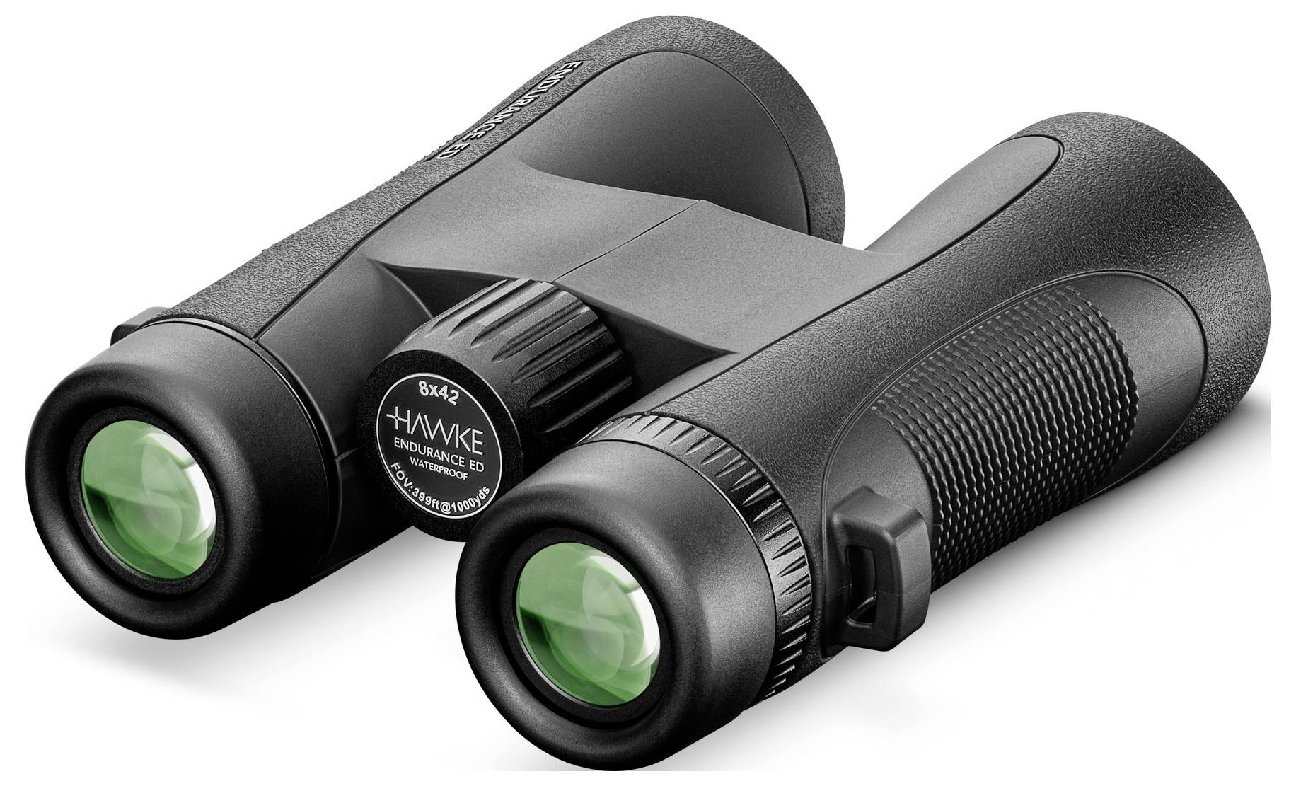 Een zwarte verrekijker met groene lenzen, waarbij het merk en modelnummer zichtbaar zijn op een instelknop.