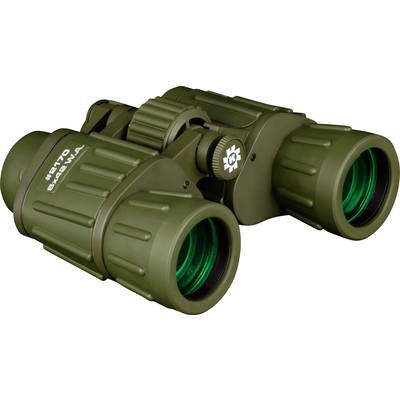 Groene verrekijker met vergrotingsfactor 8x42, zijaanzicht, op een witte achtergrond.