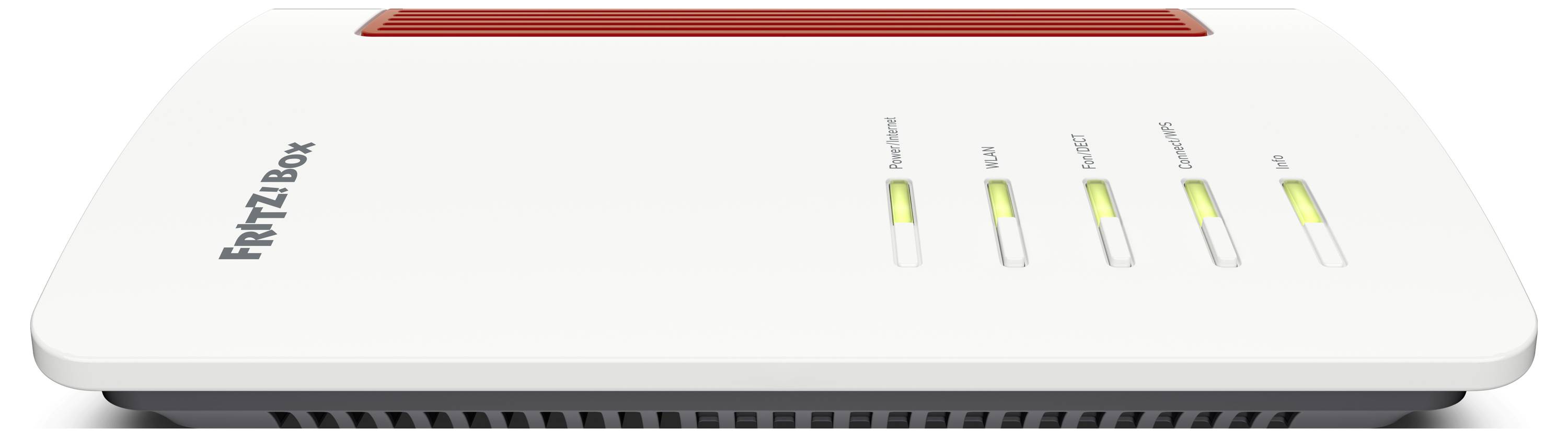 Een router met het opschrift 'FRITZ!Box'. Aan de voorkant bevinden zich vier verlichte LED-indicatoren voor verbindingen.