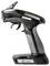 Handscanner in zijaanzicht met trekker en ergonomische greep, voornamelijk zwart en grijs. CE-markering zichtbaar.
