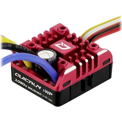 Rode elektronische snelheidsregelaar voor radiografisch bestuurbare auto's met meerdere kabelaansluitingen, opschrift 'Quicrun 1080'.