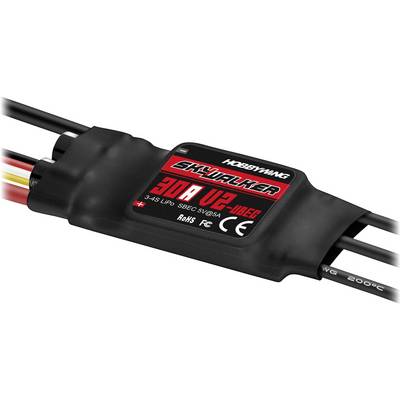 Elektronisch apparaat 'Hobbywing Skywalker 30A V2' met kabels, gebruikt voor het regelen van de stroomvoorziening in modelbouwtoepassingen.