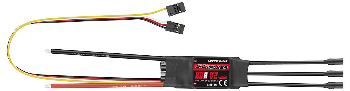 Een elektronische snelheidsregelaar met drie zwarte kabels en een geel-rood-zwart aansluitkabel. Label vermeldt 'SKYwalker 30A UBEC'.