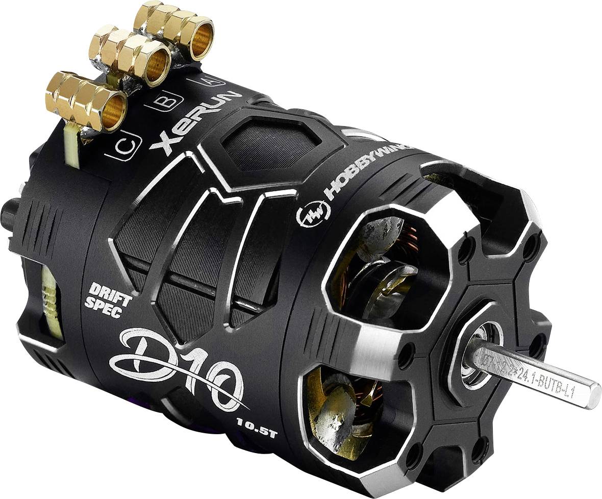 Elektromotor voor RC-voertuigen met opschrift 'DRIFT SPEC D10'. Bevat aansluitingen A, B, C en een metalen plaatje met technische details.