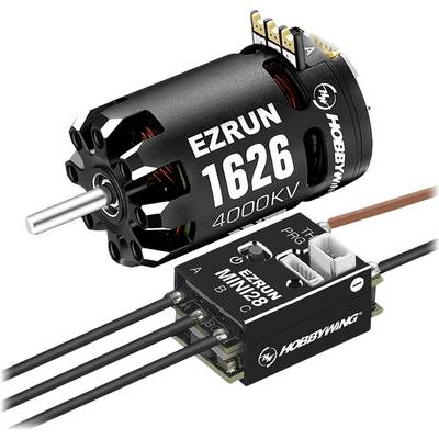Brushless motor en ESC van Hobbywing, model 'Ezrun 1626 4000KV'. De motor is zwart met aansluitingen, de ESC is compact met kabels.