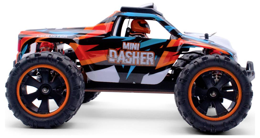 Kleurrijke afstandsbestuurbare auto met grote banden en de tekst 'Mini Dasher' aan de zijkant. Het heeft een sportief ontwerp.