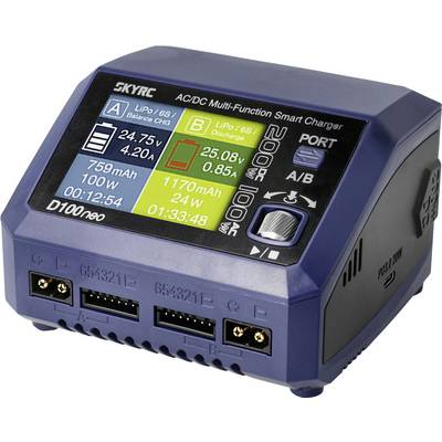 Een slim laadapparaat met display, dat de laadstatus van twee batterijen toont, inclusief spanning, stroomsterkte en laadtijd.