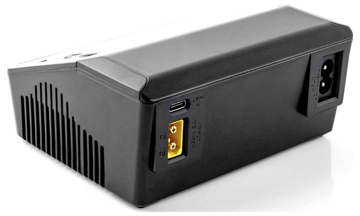 Zwart oplader met geïntegreerd ventilatierooster, USB-C-aansluiting en voedingsaansluiting, geschikt voor elektronische apparaten.