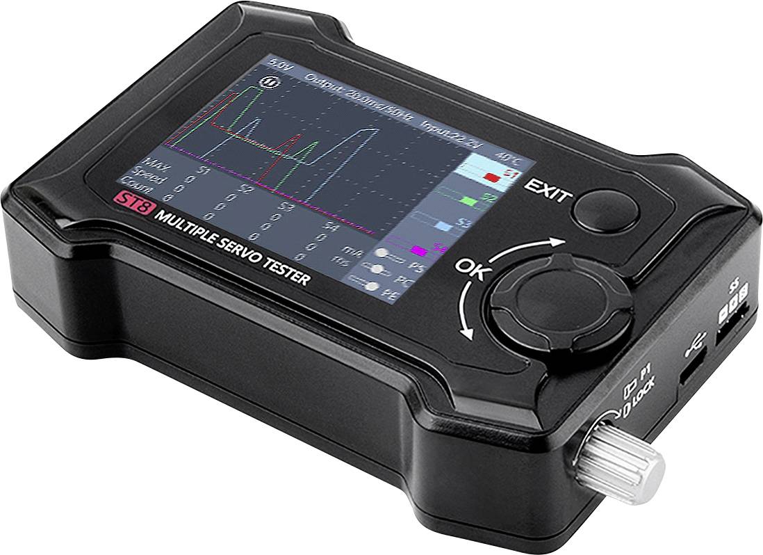 Zwart handheld apparaat met display, toont grafische waarden en gegevens. Een draaiknop en twee toetsen ('EXIT' en 'OK') zijn zichtbaar.