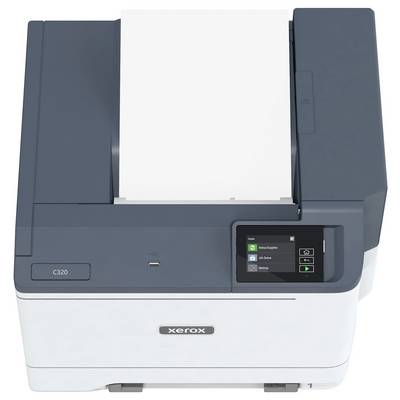 Printer met een vel papier in de uitvoerlade, display toont afdrukstatus.