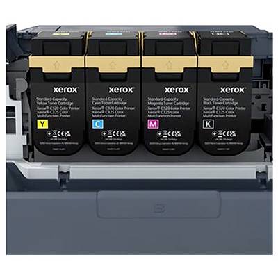 Vier Xerox-tonercartridges in de kleuren geel, cyaan, magenta en zwart, elk voorzien van etiketten en symbolen.