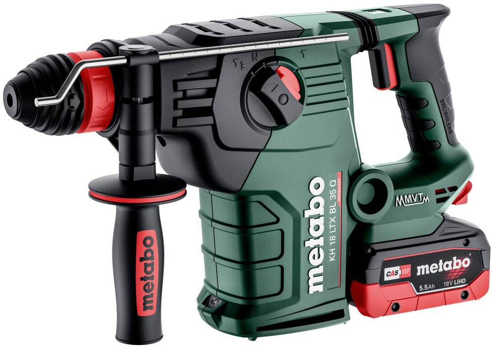 Draadloze Metabo roterende boorhamer met zijgreep en batterijpak, weergegeven in profielstand op een witte achtergrond.