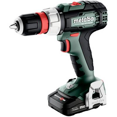 Draadloze Metabo boormachine met batterijpakket, weergegeven in zijaanzicht op een witte achtergrond.
