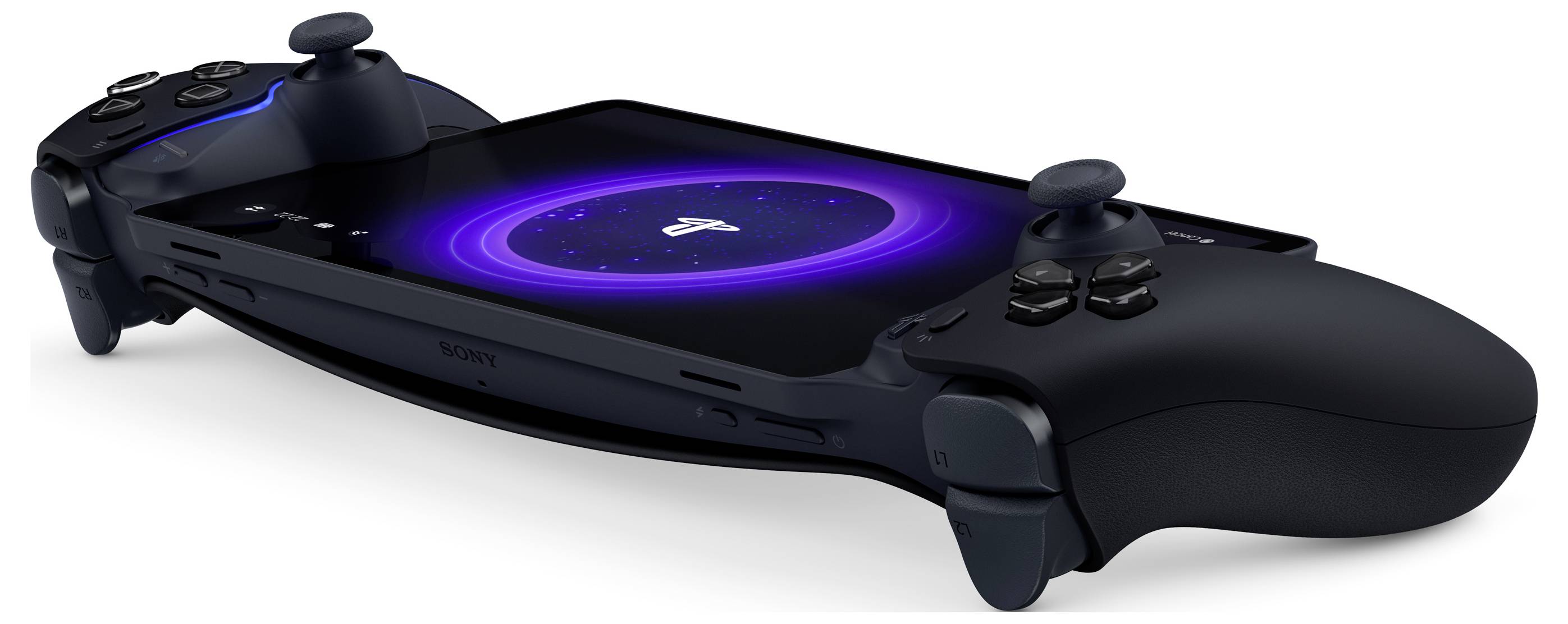 Een draagbaar gamingapparaat met twee joysticks en een scherm in het midden, waarop een blauw cirkelsymbool is weergegeven.