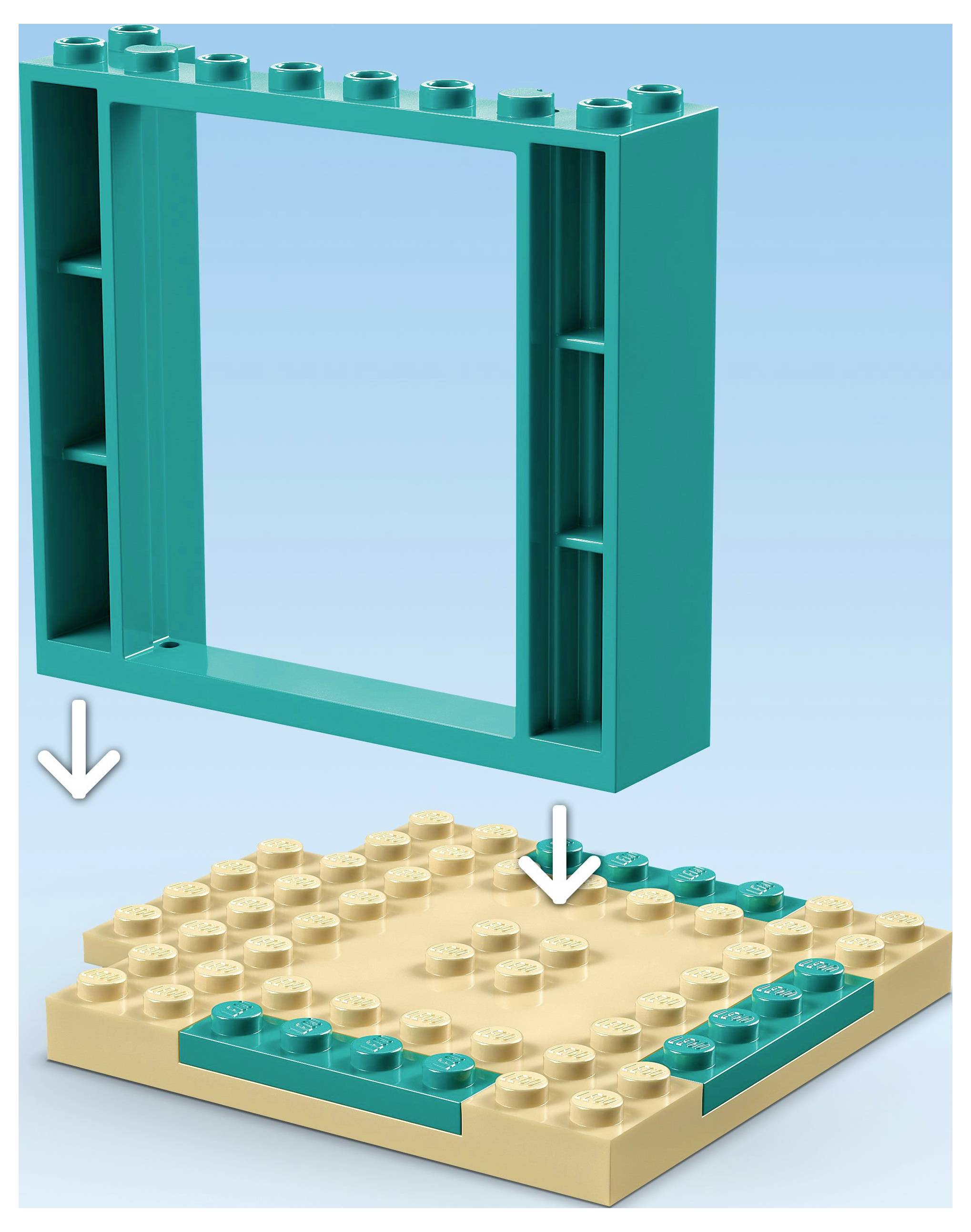 'Turquoise frame boven een beige en turquoise basisplaat, met pijlen die de assemblage aangeven.'