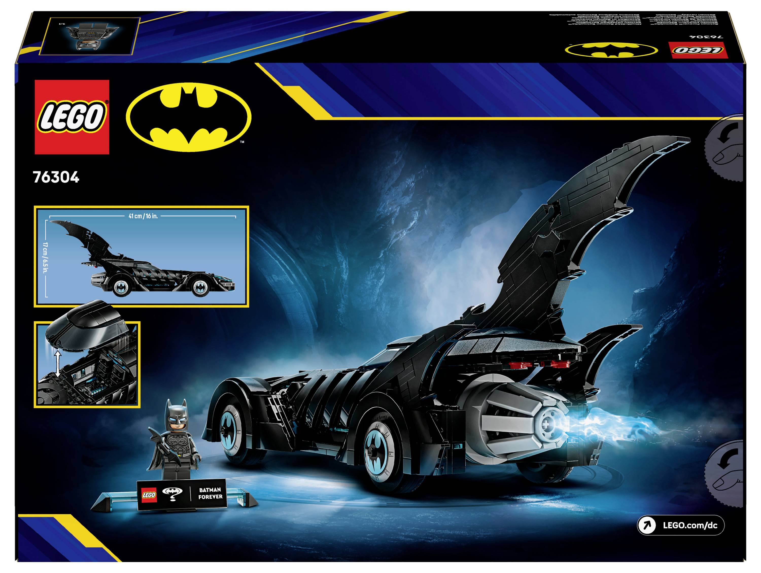 LEGO-set doos met de Batmobile inclusief een minifiguur van Batman. Toont het gedetailleerde model met verstelbare vinnen en uitlaatgassen in vlamvorm.