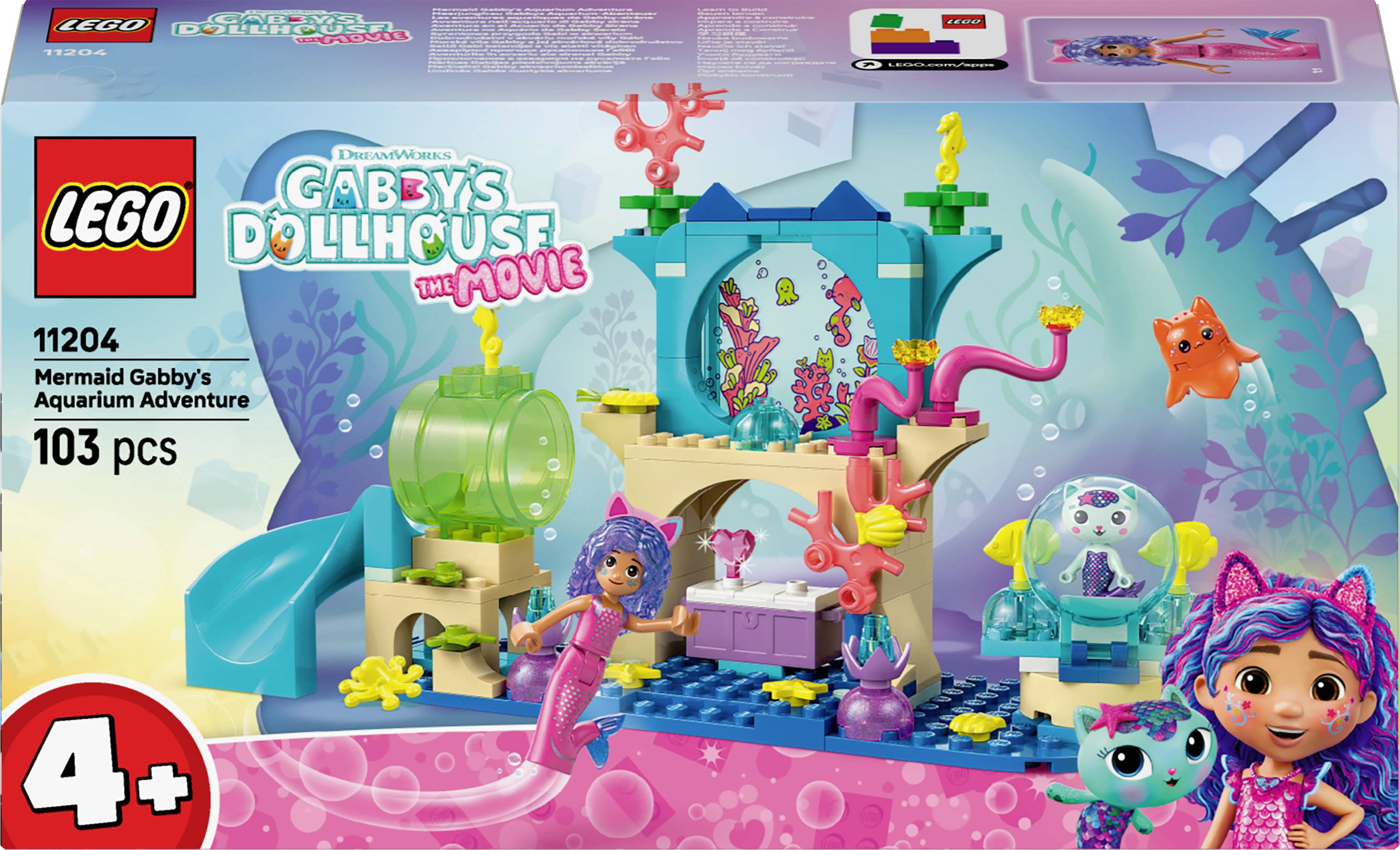 LEGO-set 'Gabby's Dollhouse: De Film', met een zeemeerminscène, personages, aquarium-elementen, en 103 onderdelen, geschikt voor kinderen vanaf 4 jaar.