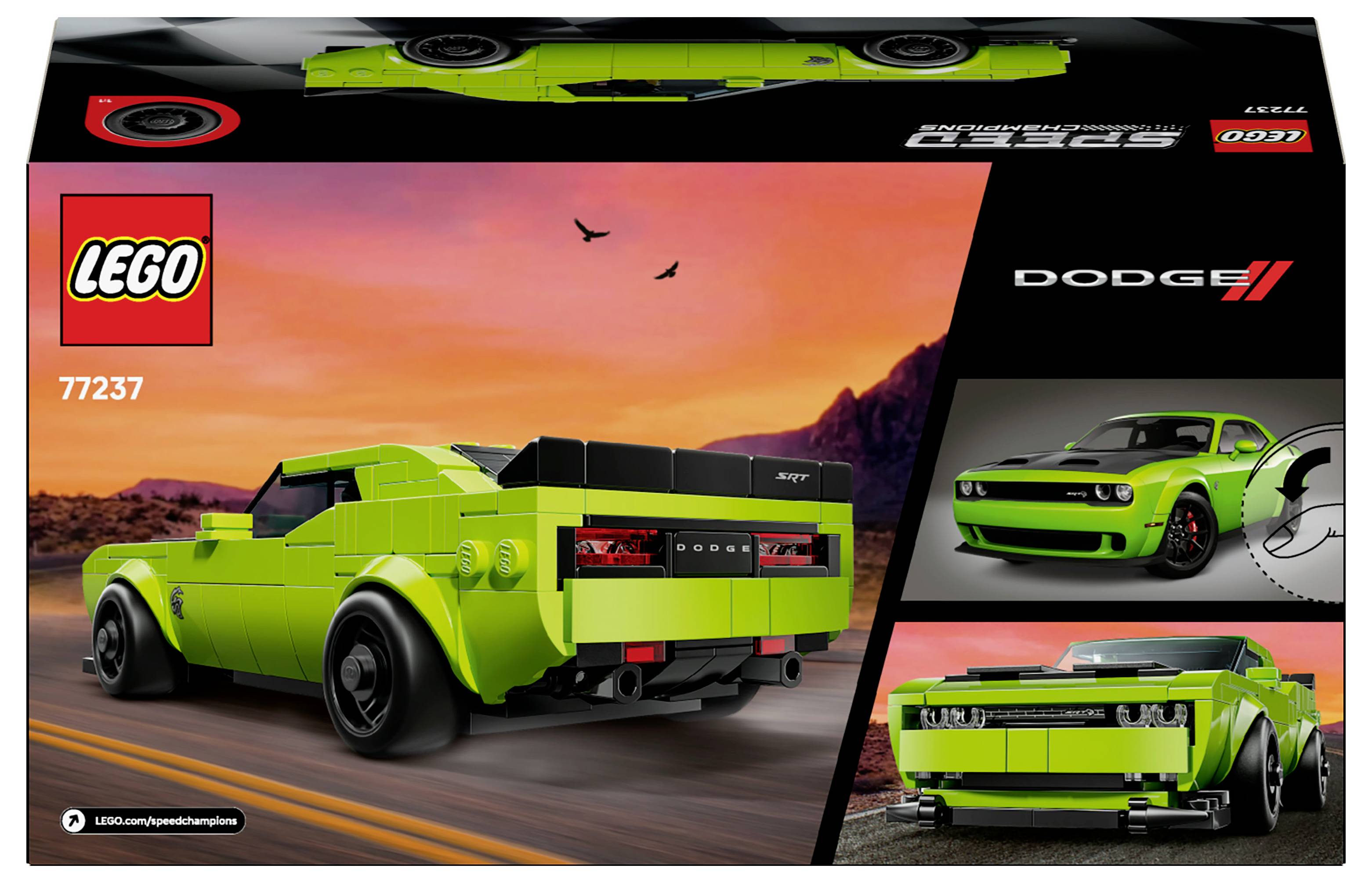 LEGO-doos die een limoengroene Dodge sportwagen met grote achterspoiler toont. Zonsondergang achtergrond met vogels in de lucht, logo en productnummer.