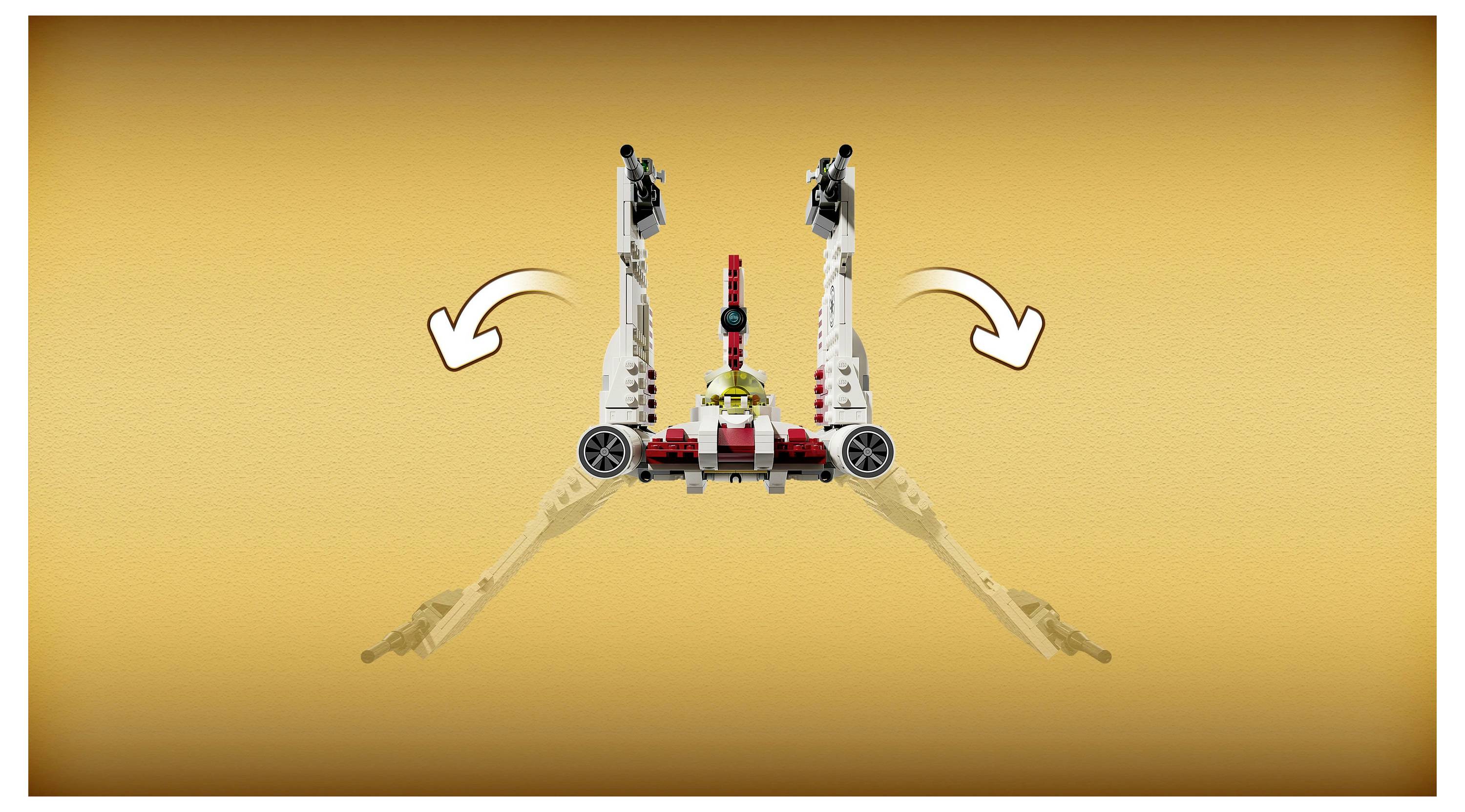 'LEGO X-wing'-model tegen een oranje achtergrond. Twee pijlen geven aan dat de vleugels omhoog kunnen draaien.