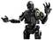 Een zwarte humanoïde robotmodel met gelede armen omhoog, waarbij een bewegingsgebaar wordt vertoond. De robot heeft een cilindrische kop en gedetailleerde mechanische onderdelen.