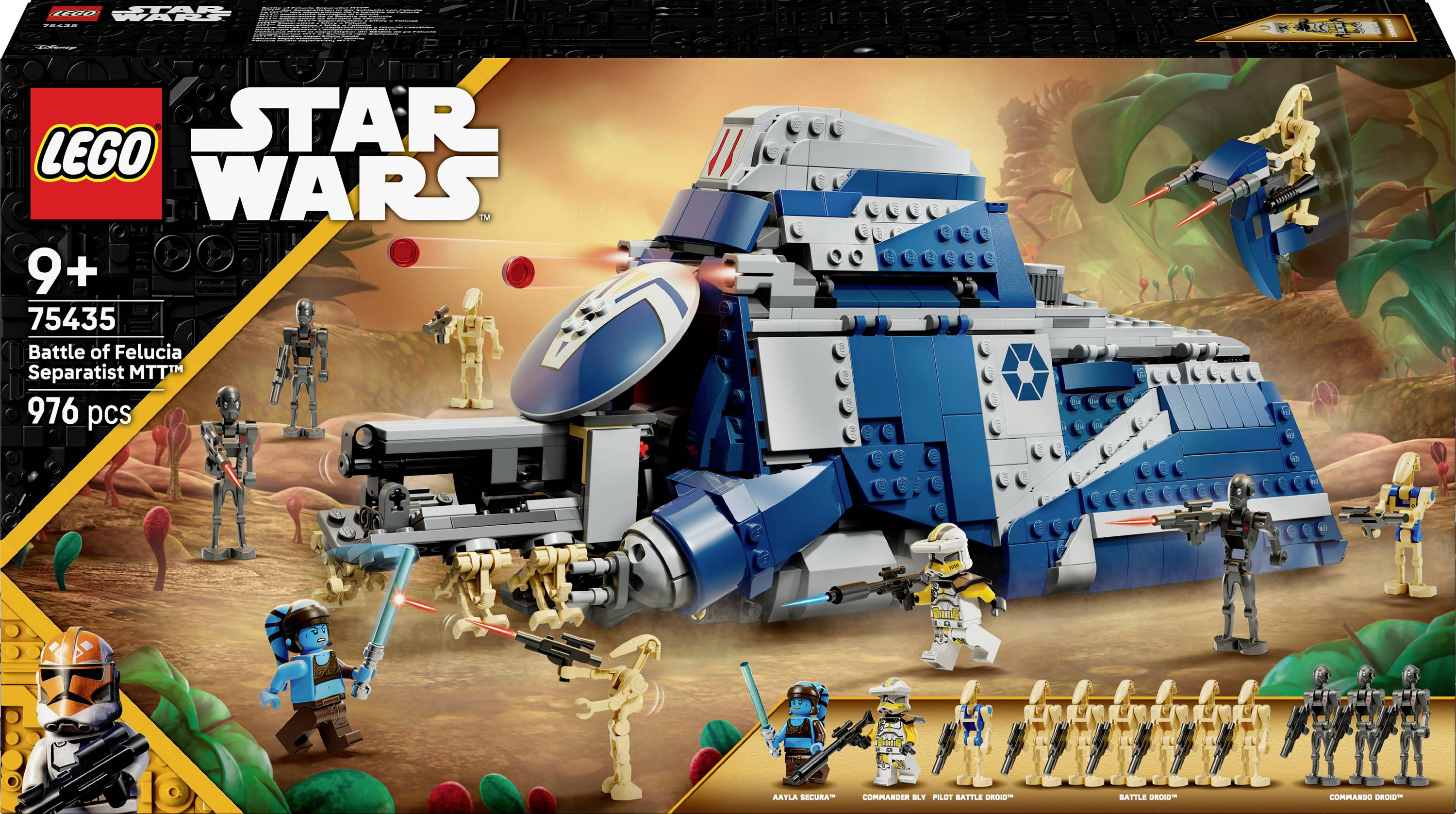 'LEGO Star Wars Slag om Felucia Separatistische MT-1: 976 onderdelen voor leeftijd 9+. Bevat tank en meerdere minifiguren in een gevechtstafereel.'