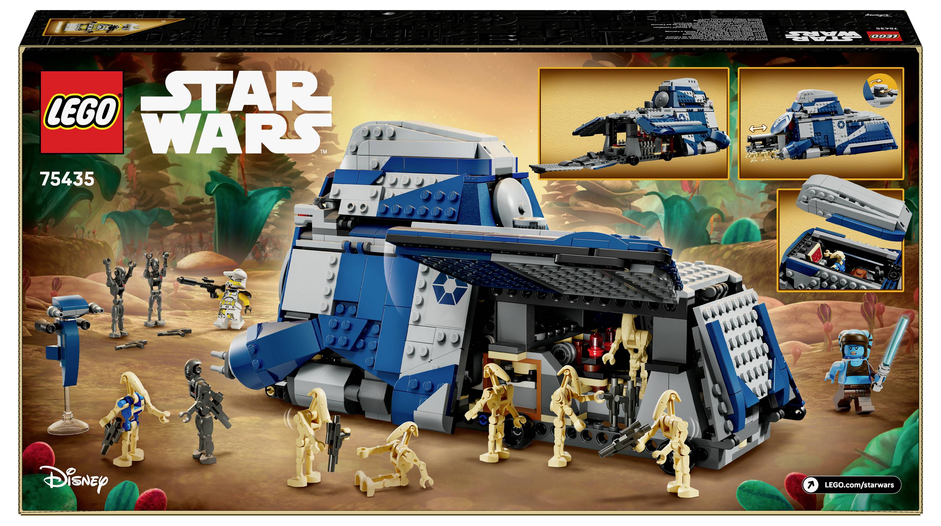 LEGO Star Wars set doos met een blauw en grijs gepantseerd voertuig, uitgerust met battle droids, minifiguren en accessoire bouwwerken op een woestijnachtergrond.