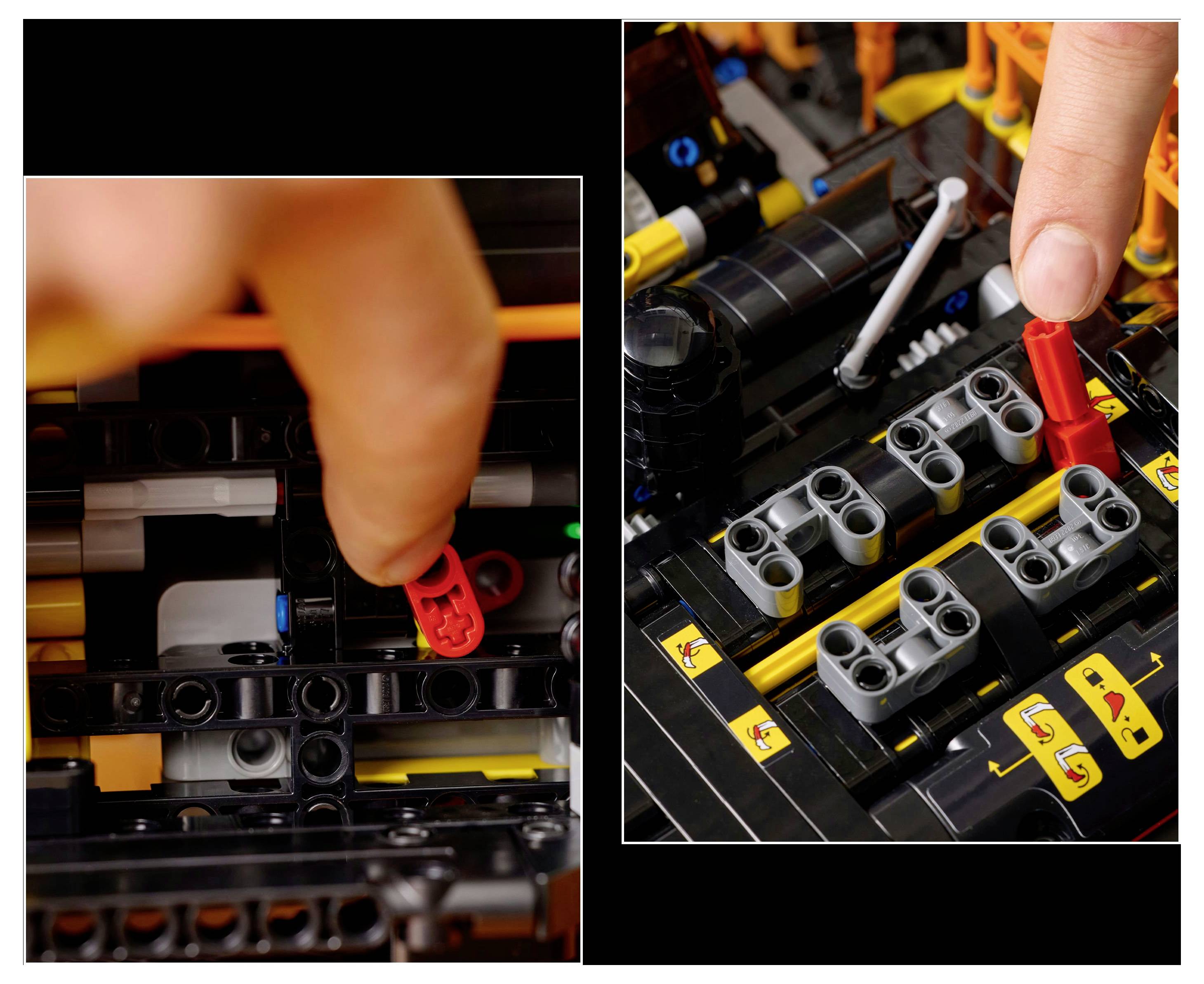 Een hand die LEGO Technic onderdelen in elkaar zet, waarbij wordt gefocust op het plaatsen van rode connectors in zwarte constructies, wat het bouwproces demonstreert.