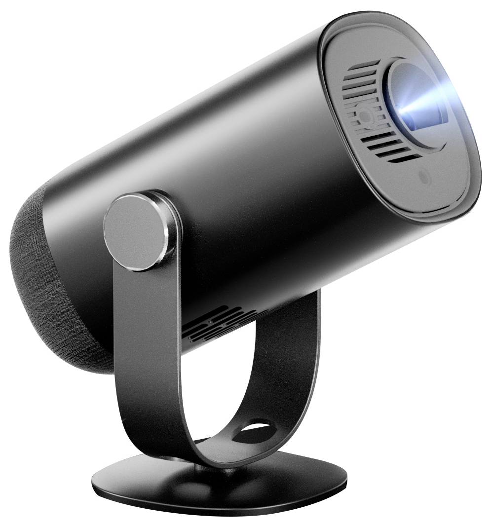 Een zwarte, cilindrische projector in zijaanzicht, die een lichtblauw licht projecteert.