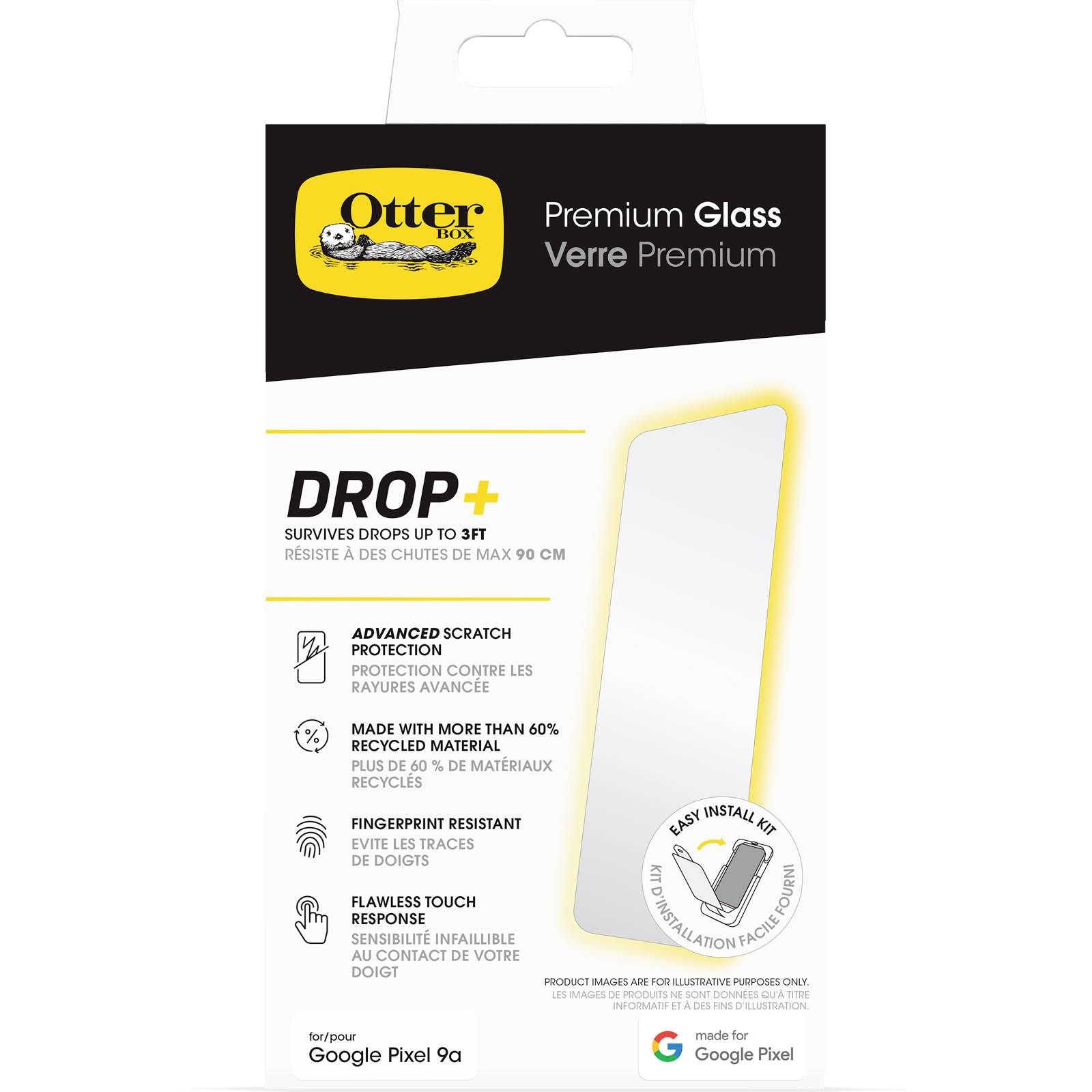 Verpakking van een schermbeschermer voor een Google Pixel 9a van OtterBox. Bevat aanwijzingen zoals 'Bescherming bij vallen tot 90 cm'.