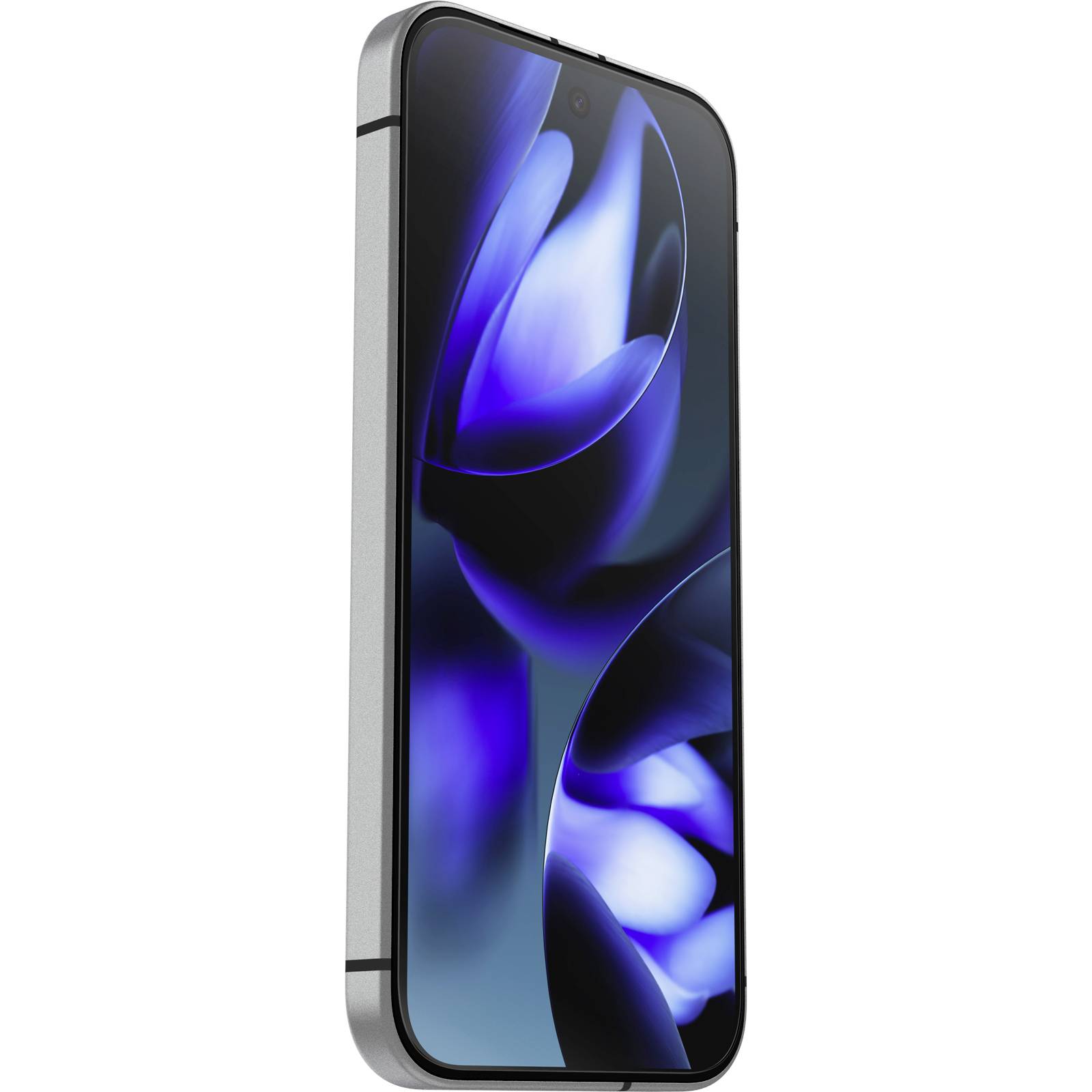 Een smartphone met een zilveren rand en een blauw, bloemachtig design op het scherm. Hij staat schuin gekanteld.