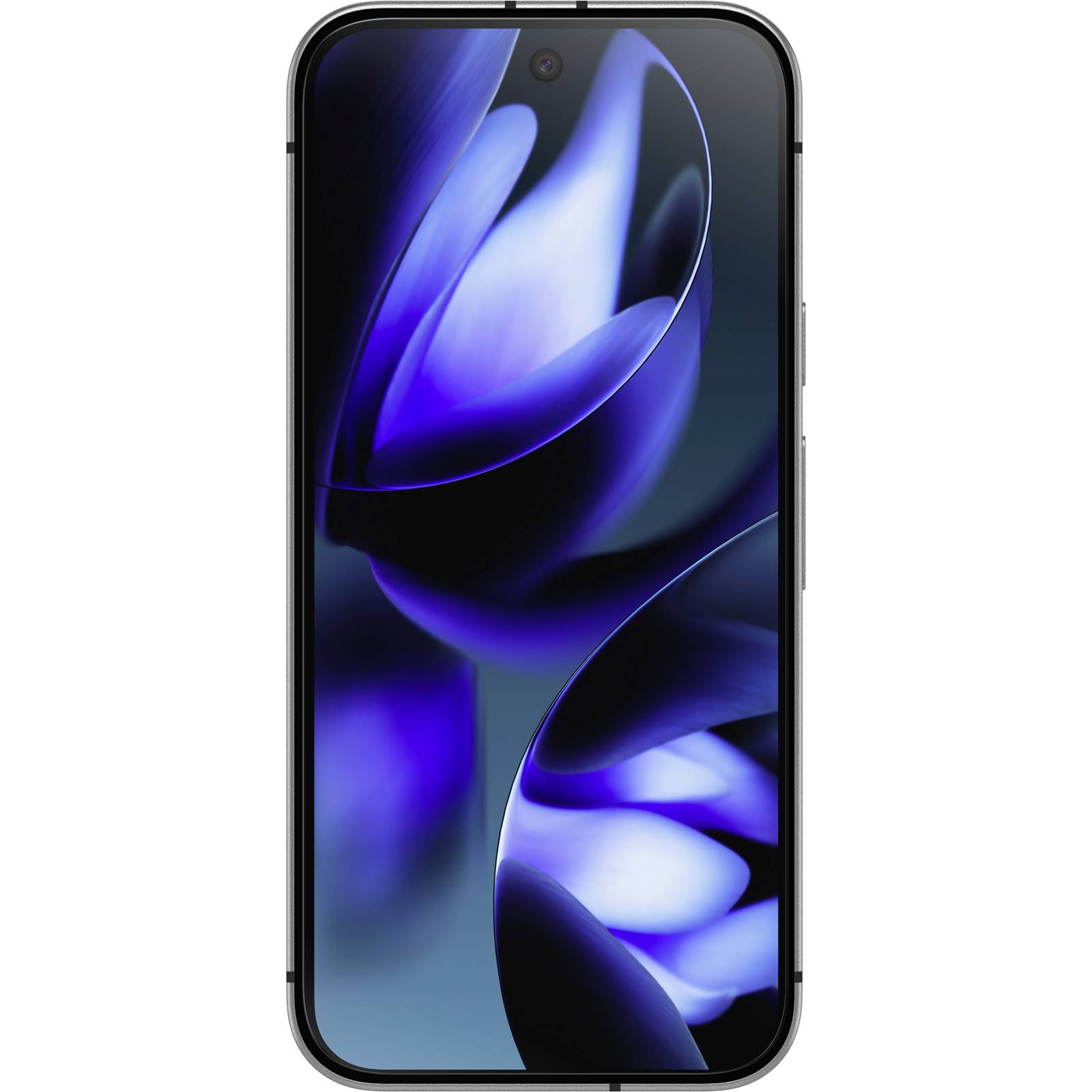Een smartphone met een zwarte rand en een blauw, abstract achtergrondplaatje op het scherm.