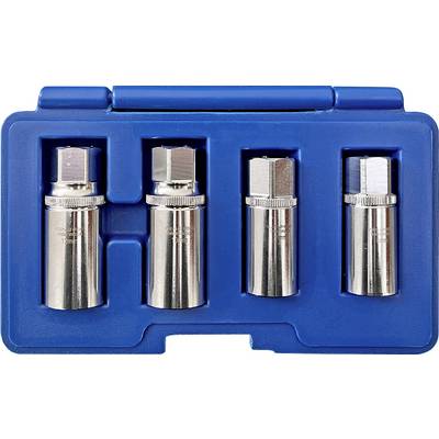 Vier zilveren steeknoksleutels in een blauw kunststof etui. Ze zijn in verschillende formaten gerangschikt en worden gebruikt voor reparatie of montage.