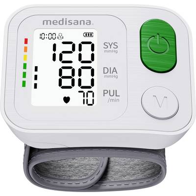 Bloeddrukmeter met digitaal display, toont waarden: SYS 120 mmHg, DIA 80 mmHg, PUL 70/min. Groene knop en armband zichtbaar.