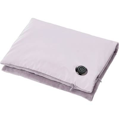 Roze warmtekussen met een stoffen oppervlak en een zwarte aan/uit-knop in de hoek, vergelijkbaar met een afstandsbedieningstoets.