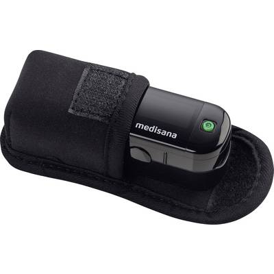 Een zwarte pulsoxymeter in een bijpassende houder, aan de linkerkant een klittenbandsluiting.