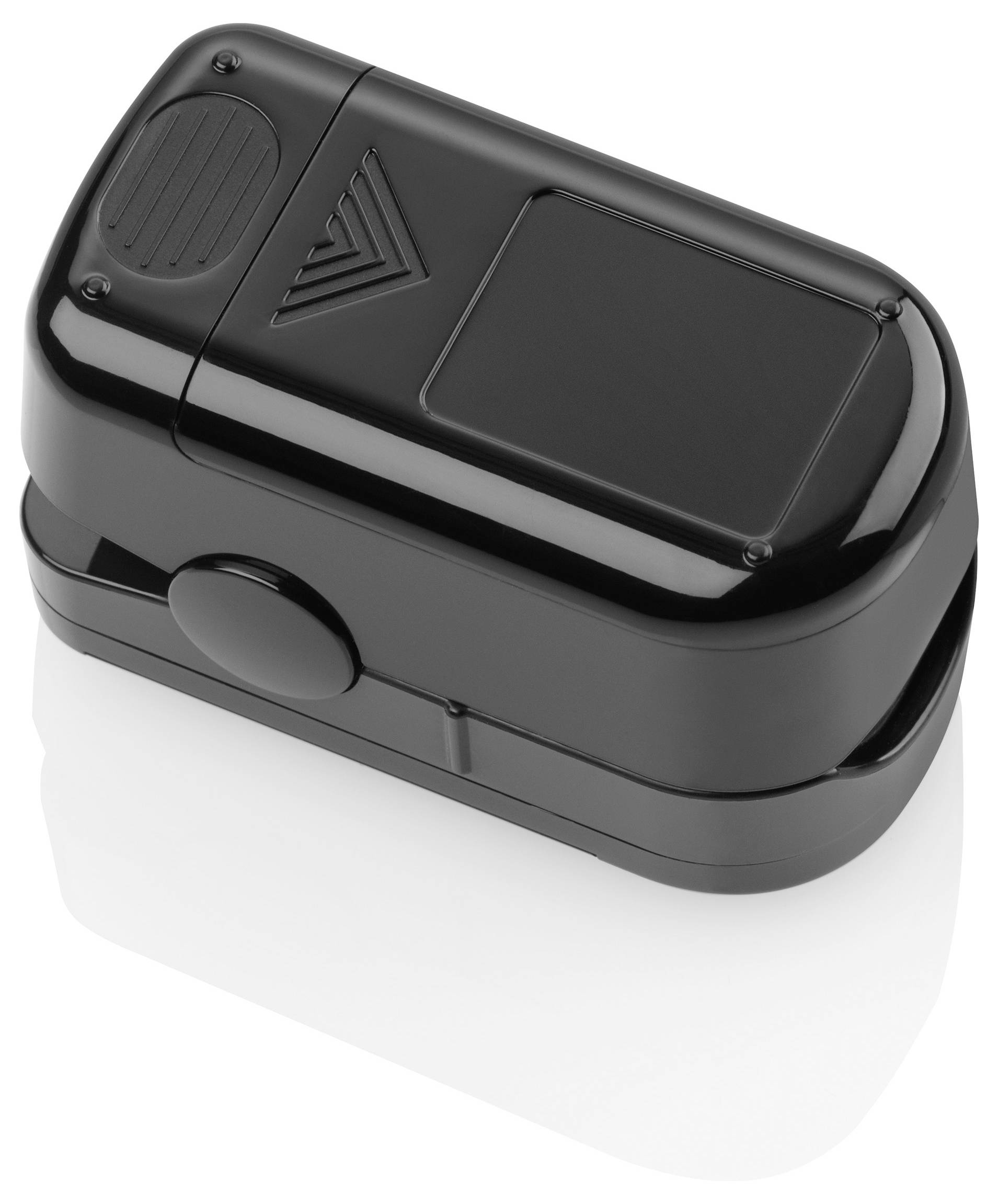 Een zwart, compact apparaat, waarschijnlijk een vingerpulsoximeter, tegen een witte achtergrond.
