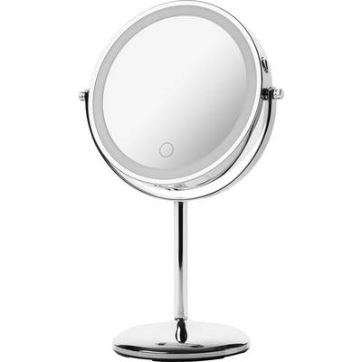 Een ronde, verchroomde make-upspiegel op een standaard, met een aanraaksensor voor LED-verlichting.