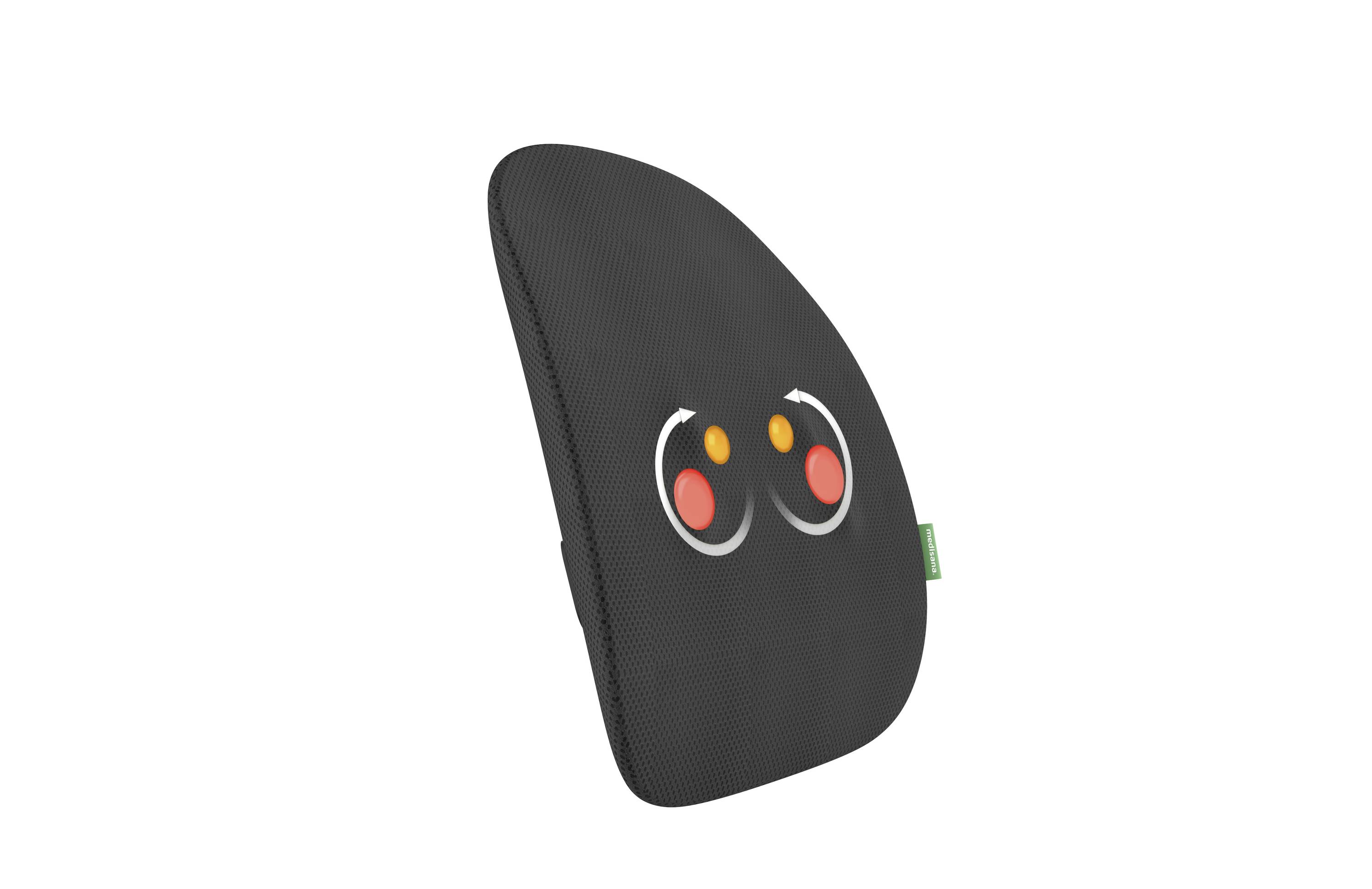 Rugkussen met zwarte stof en een kleurrijk gezichtsontwerp, met oranje en rode ogen en een lachende mond.