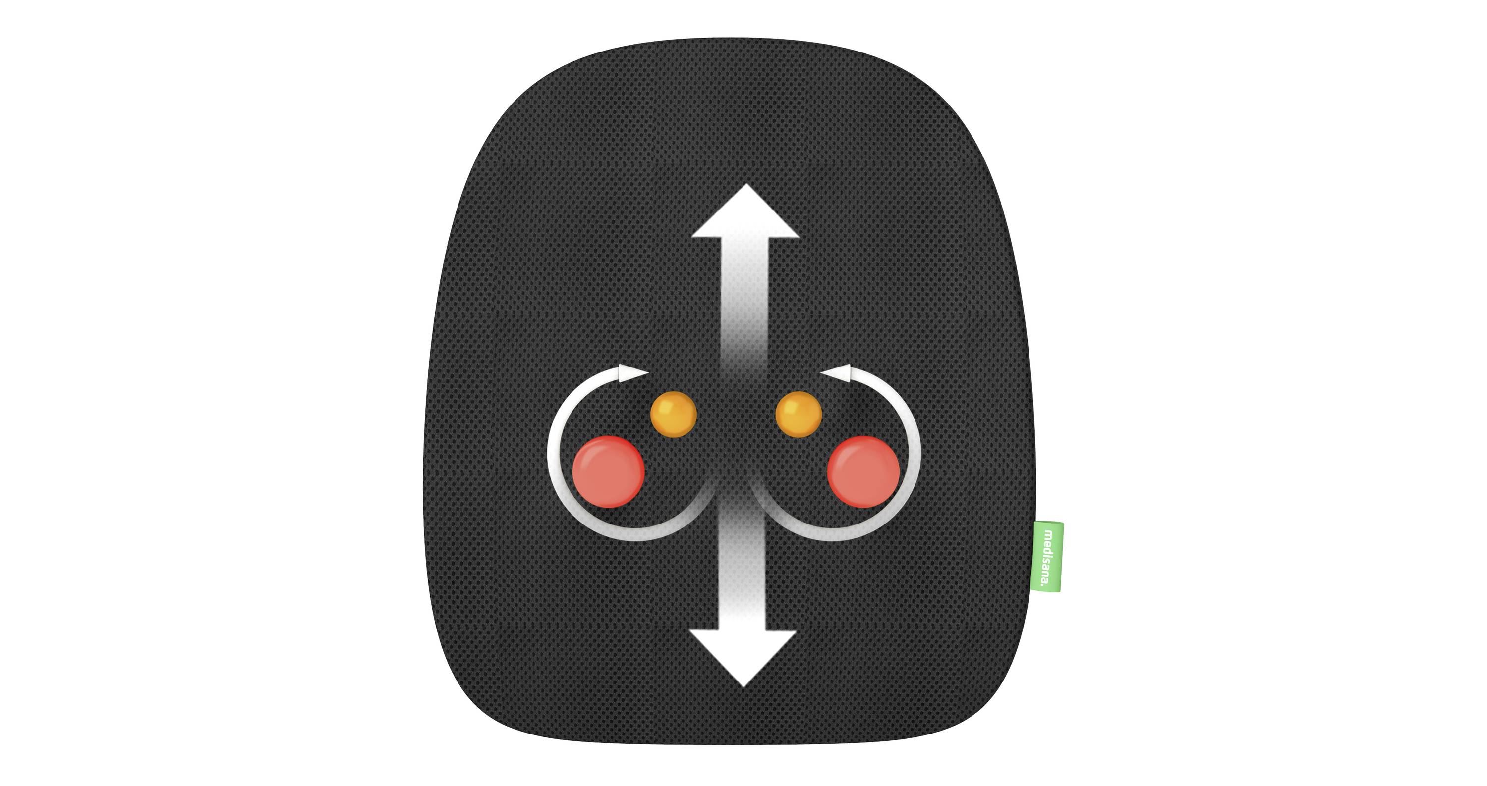 Zwart massagekussen met twee roterende massagekoppen, die met pijlen de richting aangeven.