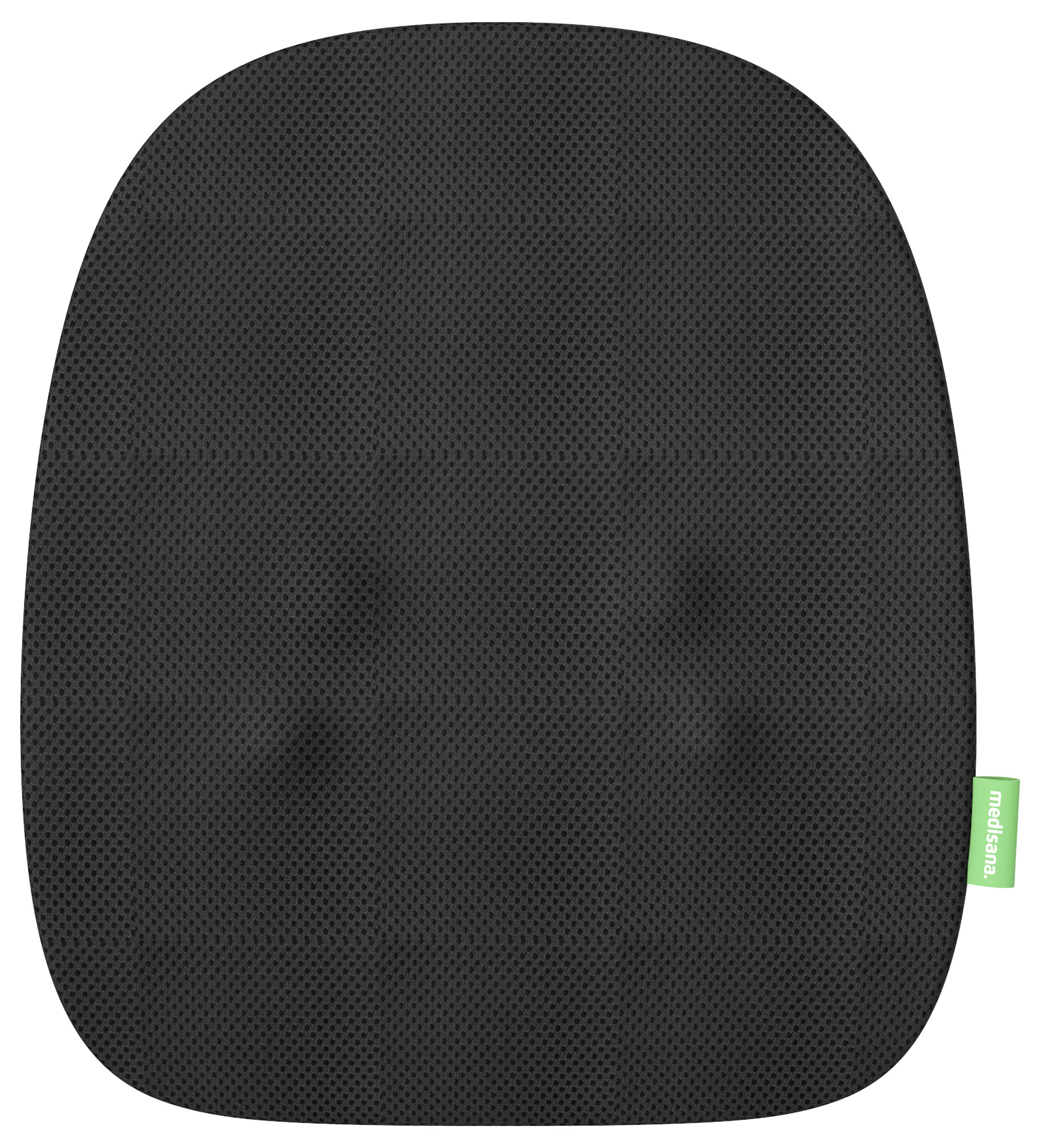 Zwarte ovale zitonderlegger met honingraatstructuur, groen etiket met opschrift 'mediflow'. Geschikt voor ergonomisch zitten.